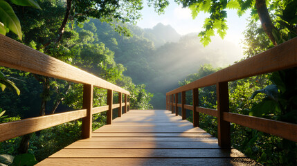 wooden bridge stretches across lush, misty forest, bathed in warm sunlight filtering through trees. serene atmosphere invites exploration and tranquility
