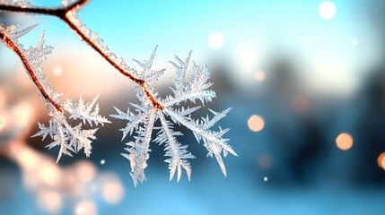 close up macro shot of frost patterns forming on tree branch, showcasing intricate ice crystals against blurred winter background. scene evokes sense of tranquility