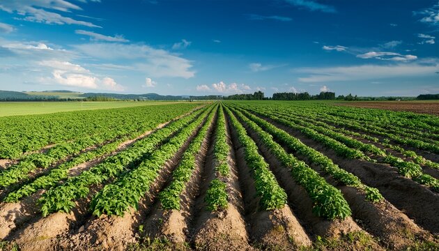 row of potato crops in a green field d7