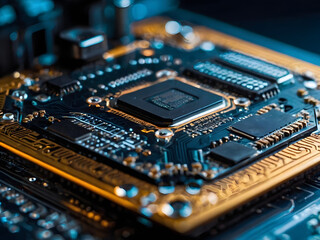 Fototapeta premium The Core of Technology: A close-up view of a modern circuit board, revealing intricate components and connections, signifying innovation and technological advancement.