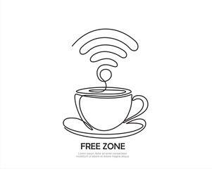 Free Zone. Free WI-FI. One continuous single line of cup of coffee decorated with wi-fi symbol isolated on white background. Editable stroke.