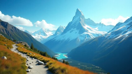 Fototapeta premium Breathtaking view of mount cook with a crystal clear lake nestled amongst the majestic mountains under a bright sky