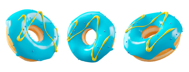 Naklejka premium Donuts with blue blueberry glaze, sprinkles, white drizzle, and dots isolated on white transparent background. 3d rendering and illustration of dessert variety
