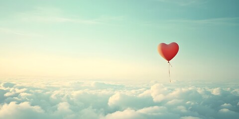 Fototapeta premium Heart Shaped Balloon Floating Above Soft Clouds in Blue Sky