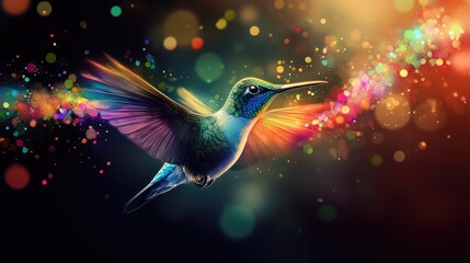 Fototapeta premium A vibrant, digitally rendered hummingbird is depicted mid-flight against a dark background