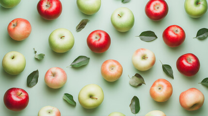 Red apples on wooden background. Red apples with green leaves