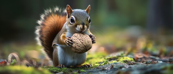 A curious squirrel holds an acorn, poised on a moss-covered path, surrounded by a soft-focus forest.