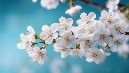 Fototapeta premium white cherry blossom flowers blooming against a soft blue background in spring