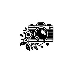 Camera Logo Design: Floral Elements, Photography Icon, Minimalist Style