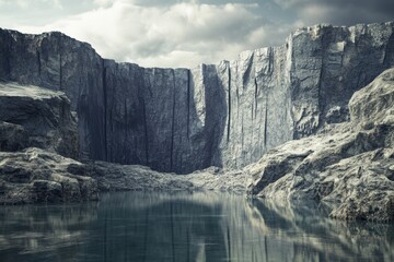 Dramatic rocky cliffs surround tranquil water in a secluded natural setting