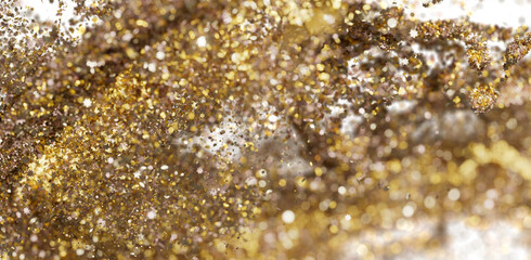Sparkling gold and white glitter explosion. Festive, celebratory background texture.