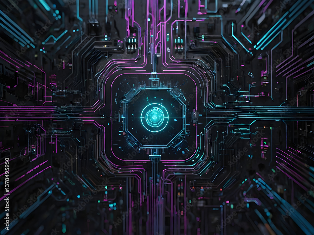 Wall mural cybernetic core: abstract circuit board with glowing lines creating a cyberpunk vibe.