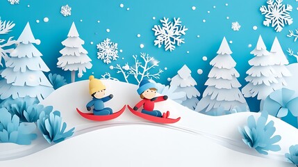 Kids sledding winter wonderland.