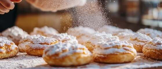 A baker's hands sprinkle powdered sugar over freshly baked goods, catching the morning light, creating a tempting and delicious display.