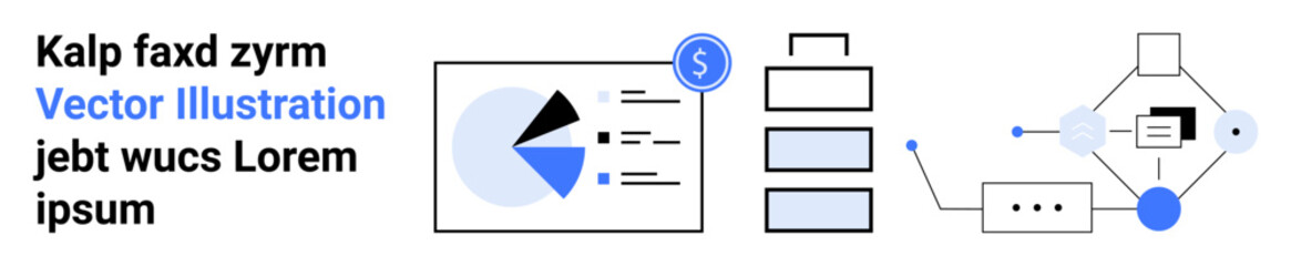 Pie chart with financial data, stacked rectangular elements, interconnected workflow nodes. Ideal for business analysis, data visualization, process mapping, finance, teamwork, infographics simple