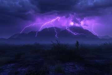 Dramatic purple lightning strikes over dark mountains during a nighttime storm
