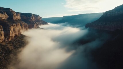 Fog rolling through a canyon as seen from a drone perspective