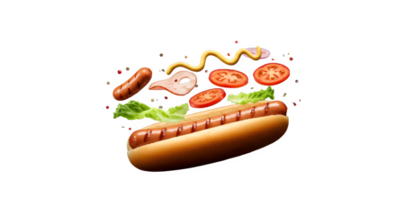 Hot Dog isolated on transparent background, Freshly Made Hot Dog with Tomato, Lettuce, and Onion, Tasty Fast Food Hot Dog with Sausage, Vegetables, and Sauce, Hotdog PNG image