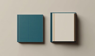 Teal-colored books, open and closed, on a light beige surface