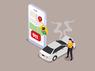 Isometric illustration of a person standing next to a smoking car with the hood open, using a smartphone app to call for emergency roadside assistance