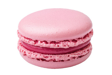Delicious pink macaron with raspberry filling on white background, cut out