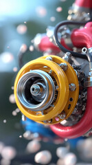 vibrant close up of turbocharger with yellow housing, surrounded by red pipes and metallic components, showcasing engineering precision and power