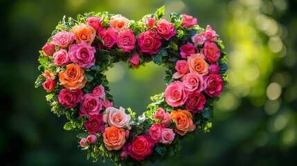 Obraz premium A Heart Shaped Arrangement Of Pink And Orange Roses
