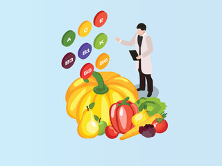 Vitamins in Fruits and Vegetables - 3D Isometric Illustration