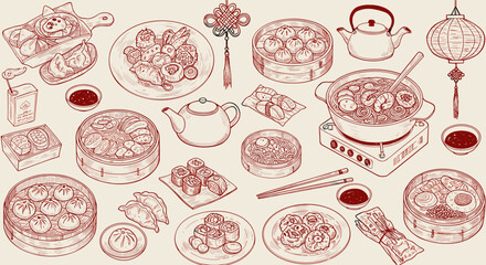 A delightful collection of Asian cuisine illustrations.