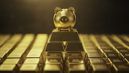 Stacked gold bars with a piggy bank on top, set against a shimmering golden background
