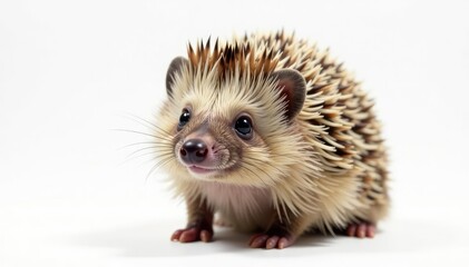 Brown hedgehog, alert, facing forward, white backdrop, photography, image