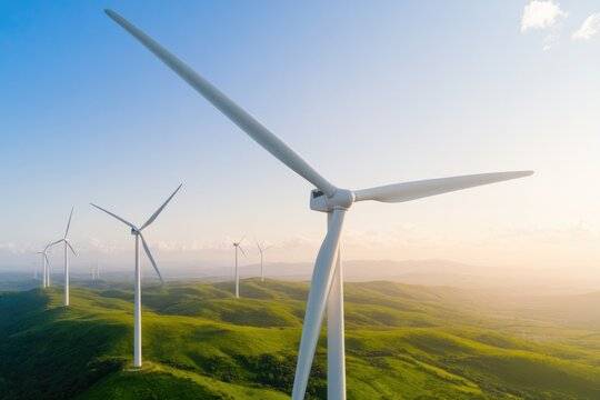 Wind turbines stand tall against serene landscape, symbolizing r