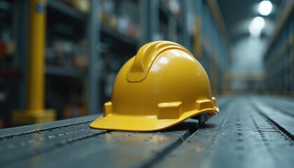 Yellow hardhat rests on metal surface. Industrial zone background, blurred. Safety equipment for worker protection in hazardous work environments. Construction tool, engineering safety.