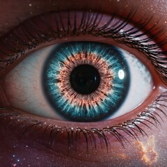 A close-up photograph of a human eye with a detailed iris featuring a striking blend of blue and pink/purple tones, against a dark, possibly cosmic or abstract background.

