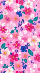 Hand-drawn floral illustration Playful pastel wallpaper Vibrant floral pattern with diverse flowers on a pink background.