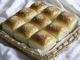A close-up shot of fluffy, soft French bread, freshly baked and topped with sesame seeds and flour