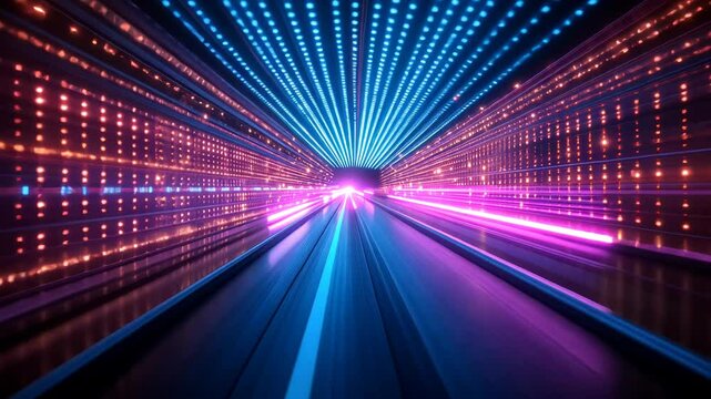 Futuristic cityscape tunnel with vibrant neon lights