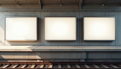 Three blank billboards mockup at train station for advertising. Empty advertising banners at subway platform for promotion, announcement. Copy space on wall for poster design, brand advertising.