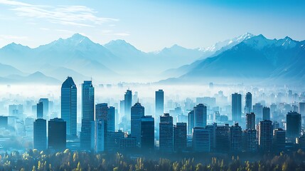 Naklejka premium Panoramic Cityscape with Distant Mountains and Soft Blue Hues Creating a Tranquil Urban Scene