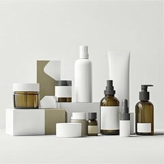 A set of white and amber skincare products displayed on a clean background
