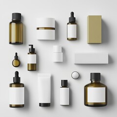 A collection of white and amber skincare containers