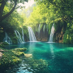 Obraz premium Lush waterfall paradise in forest gorge with turquoise pool and cascades