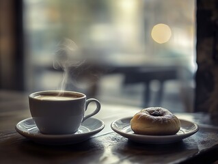 A steaming cup of coffee with a golden-brown sweet bun on a small plate