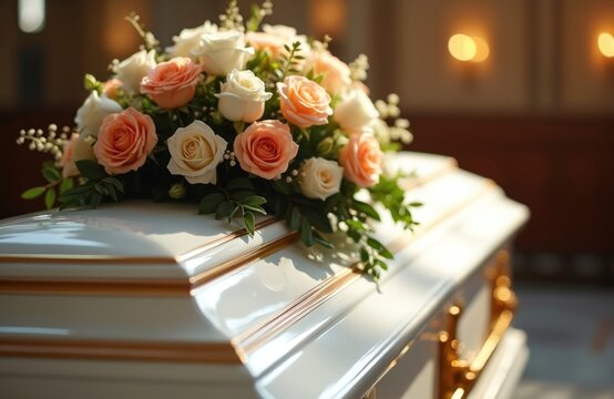 Close-up of a white casket with a flower arrangement, roses in a chapel. Funeral ceremony, burial at cemetery, mourning, remembrance, grief. Death concept.