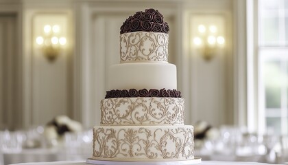A luxurious three-tiered wedding cake adorned with intricate icing designs in rose gold and burgundy