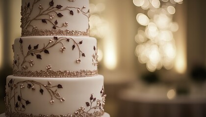 A luxurious three-tiered wedding cake adorned with intricate icing designs in rose gold and burgundy