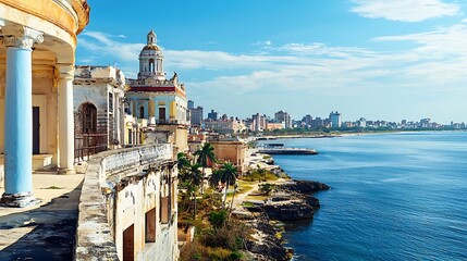 Panoramic view of Havana skyline from an aged building balcony with columns