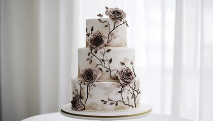 A luxurious three-tiered wedding cake adorned with intricate icing designs in rose gold and burgundy