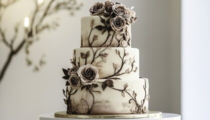 A luxurious three-tiered wedding cake adorned with intricate icing designs in rose gold and burgundy