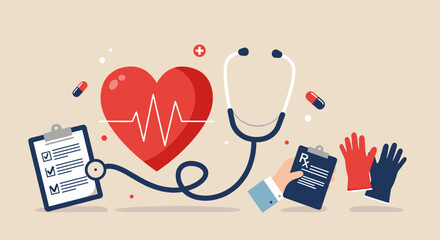 Healthcare concept illustration. Heart, stethoscope, and medical forms.